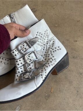 White Studded Western Ankle Boots with Silver Buckles